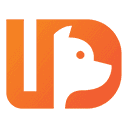 An orange block letter combination of UD, the negative space between the U and D forms a silhouette of a dog looking rightward.